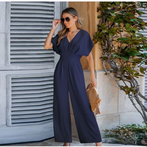 Cupshe Pants - Cupshe L V-Neck Short Sleeve Straight Leg Jumpsuit navy